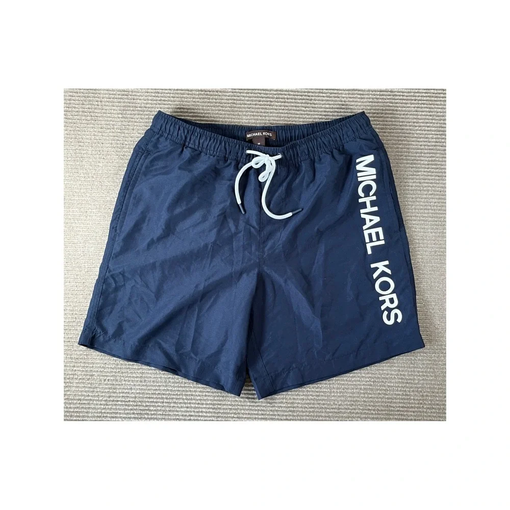 Michael‎ Kors Mens Navy Blue Logo Swim Trunks Mesh Lined Shorts Size M